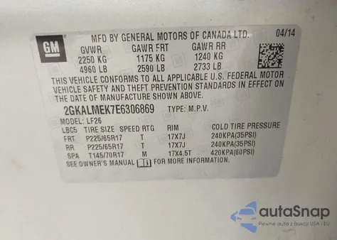 2014 GMC Terrain Sle-1 из США, поврежденный, VIN 2GKALMEK7E6306869